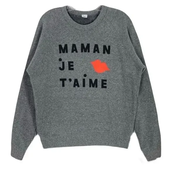 NWOT CLARE V CV+EMC Sweatshirt S Oversized Graphic RED-LIPS”Maman Je T’aime”Grey - Picture 3 of 12